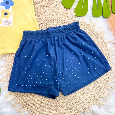 Conj. Blusa Love is the Bloom e Short com Strass - Amarelo e Marinho